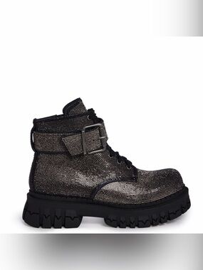 Dolls Kill poster girl graphite Glitter Combat Boot with Buckle